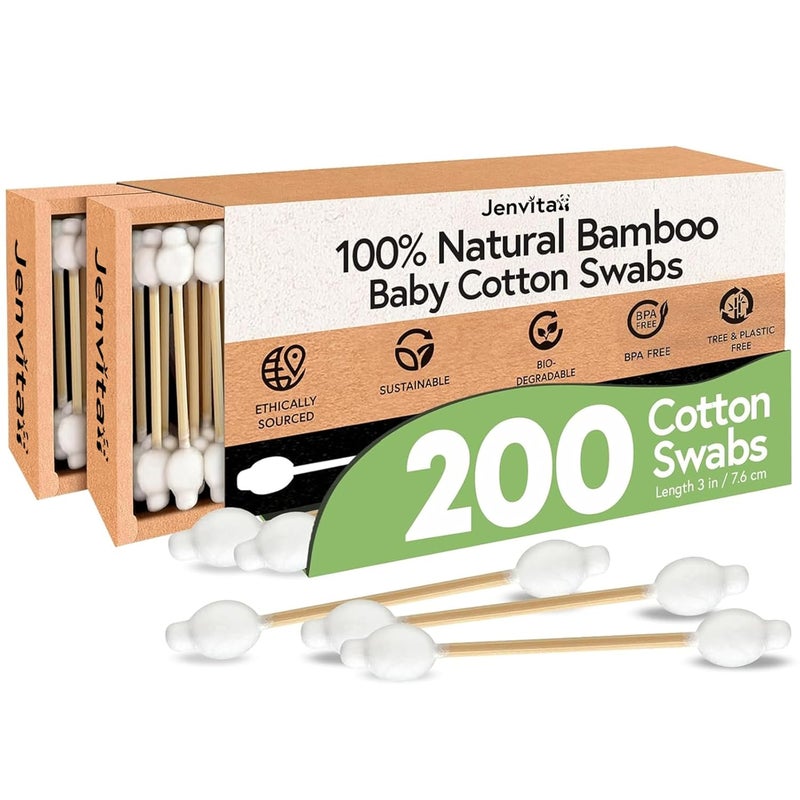 Jenvita 100% Bamboo Cotton Swabs for Ears (200-Pack) - Perfect for Baby & Personal Care | Double-Tipped Ear Swabs Cotton for Makeup & Cleaning | FSC Certified & Hypoallergenic, Made for All Ages & Pet - Image 1